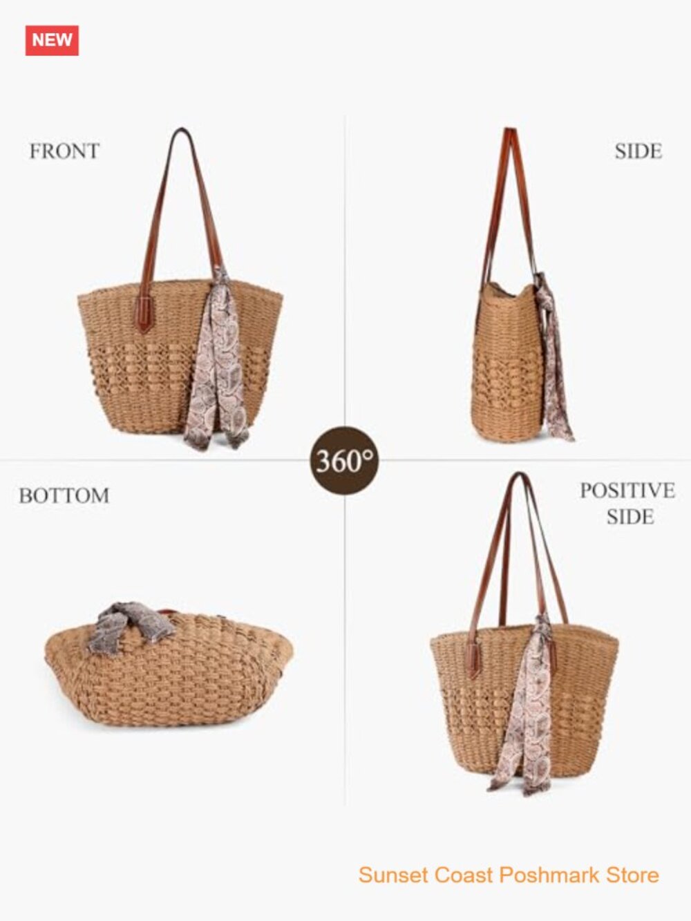Woven Straw Beach Tote Bag Large Capacity Handbag with Zipper Closure and Silk - Picture 4 of 7